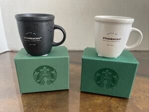 Starbucks 2016 Seattle 3 oz Matte Black white Pair Espresso Shot Mug LOT